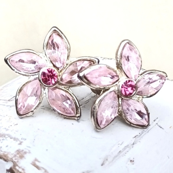 Pink and Silver Flower Post Earrings - Picture 1 of 6